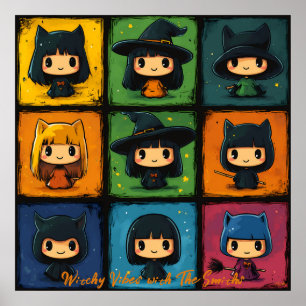 Pop Art Chibi Heksen Rooster Cute Halloween Muurku Poster
