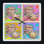 Pop Art Chocolate Chip COOKIES WALL CLOCK Vierkante Klok<br><div class="desc">Een hedendaagse,  pop kunst geïnspireerd,  grafisch met een stapel Chocolate Chip COOKIES met regenboogkleurige chips tegen een achtergrond van kleurrijke polka stippen op een leuke WALL CLOCK.</div>