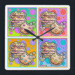 Pop Art Chocolate Chip COOKIES WALL CLOCK Vierkante Klok<br><div class="desc">Een hedendaagse, pop kunst geïnspireerd, grafisch met een stapel Chocolate Chip COOKIES met regenboogkleurige chips tegen een achtergrond van kleurrijke polka stippen op een leuke WALL CLOCK.</div>