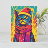 Pop Art Christmas Santa Hat Cat Custom Bericht Feestdagenkaart (Staand voorkant)
