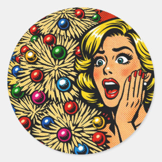 Pop Art Christmas, shocked expression, funky tree  Ronde Sticker