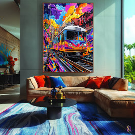 Pop Art City Train in levendige beweging Canvas Afdruk