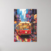 Pop Art City Tram met Neon Reflecties Canvas Afdruk (Voorkant)
