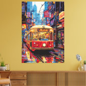 Pop Art City Tram met Neon Reflecties Canvas Afdruk (Insitu (Woonkamer))
