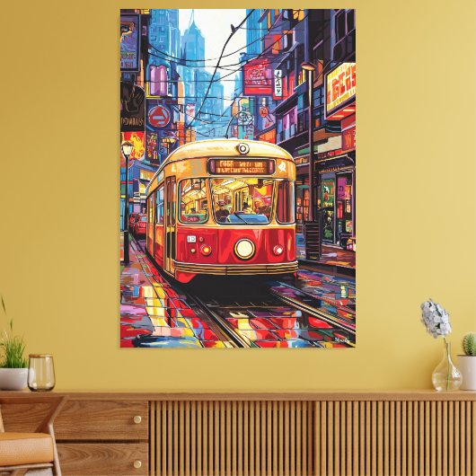 Pop Art City Tram met Neon Reflecties Canvas Afdruk (Insitu (Woonkamer))