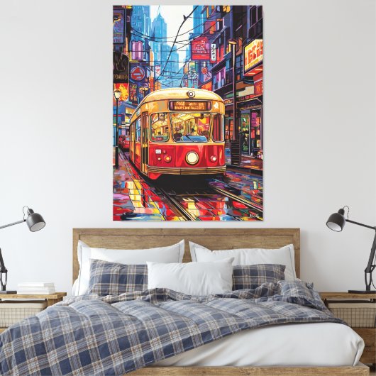 Pop Art City Tram met Neon Reflecties Canvas Afdruk (Insitu (Slaapkamer))
