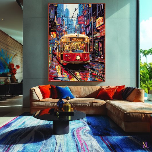 Pop Art City Tram met Neon Reflecties Canvas Afdruk