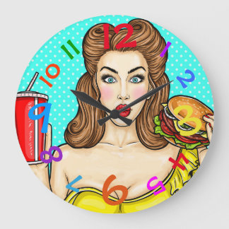 Pop Art Clock Girl eet Hamburger Colorful Grote Klok