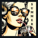 Pop Art Comic Book  Vrouw Drink Soda Poster<br><div class="desc">stripboek pop art retro  dame drink frisdrank met zonnebril op met een zonsondergang reflectie.</div>