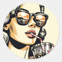 Pop Art Comic Book  Vrouw Drink Soda Ronde Sticker