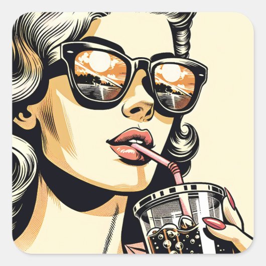 Pop Art Comic Book  Vrouw Drink Soda Vierkante Sticker (Voorkant)