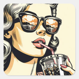 Pop Art Comic Book  Vrouw Drink Soda Vierkante Sticker