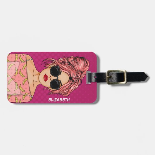 Pop Art Comic Girl Pink Background Bagagelabel (Voorkant horizontaal)