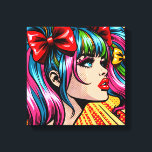 Pop Art Comic Meisje met strikken Canvas Afdruk<br><div class="desc">Kleurrijke schattige pop kunst comic stijl meisje met vlechten en strikken in haar haar.</div>