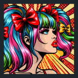 Pop Art Comic Meisje met strikken Poster<br><div class="desc">Kleurrijke schattige pop kunst comic stijl meisje met vlechten en strikken in haar haar.</div>