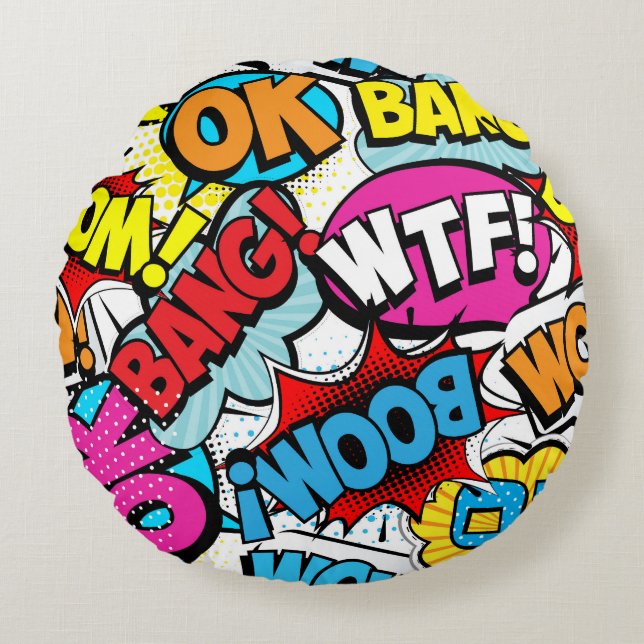 Pop Art Comic: Retro Naadloos Patroon Rond Kussen (Voorkant)