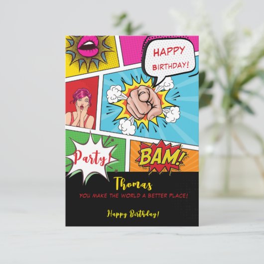 Pop art comic verjaardag kaart (Staand voorkant)