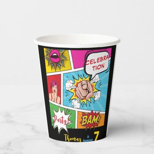 Pop art comic verjaardag papieren bekers (Achterkant)