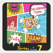 Pop art comic verjaardag vierkante sticker (Voorkant)