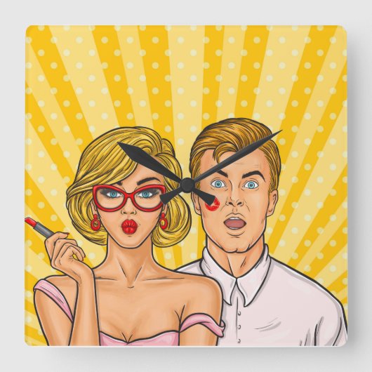 Pop Art Couple Vierkante Klok (Voorkant)