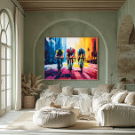 Pop Art Cycling Race Wall Art – Bike Racing Print<br><div class="desc">Deze energieke pop art cycling scene laat drie fietsers racen door een bruisend stadslandschap. Perfect voor wielerliefhebbers, dit kunstwerk vangt de sensatie en vastberadenheid van een race. Pas een van de truien van de fietsers aan met jouw naam of voeg een motivatie bericht toe aan de weg voor een persoonlijk...</div>
