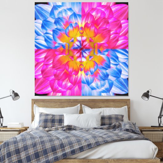 Pop Art Dahlia Flower Grid – Vibrant Pink and Blue Canvas Afdruk (Insitu (Slaapkamer))