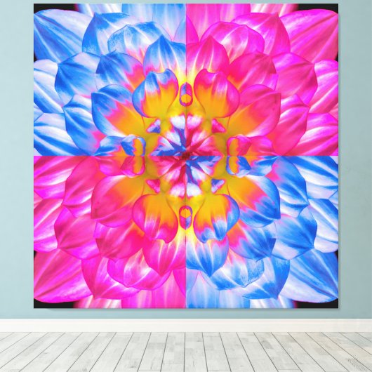 Pop Art Dahlia Flower Grid – Vibrant Pink and Blue Canvas Afdruk (Insitu (Houten vloer))