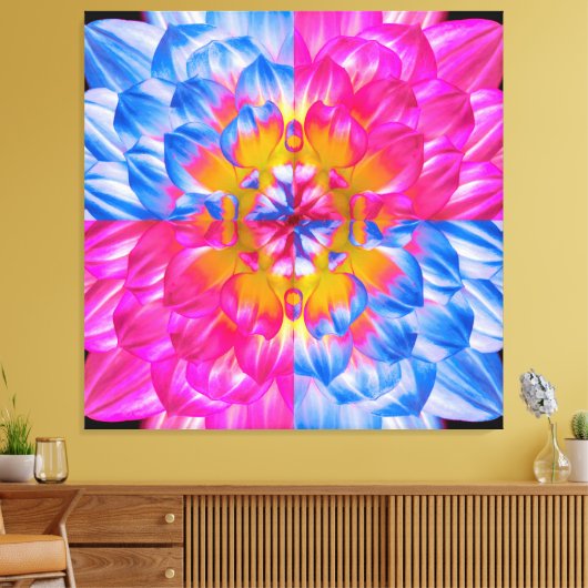 Pop Art Dahlia Flower Grid – Vibrant Pink and Blue Canvas Afdruk (Insitu (Woonkamer))