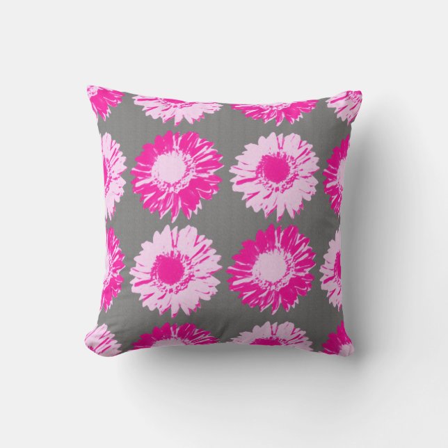 Pop Art Daisies - Fuchsia Pink en Grey Kussen (Voorkant)