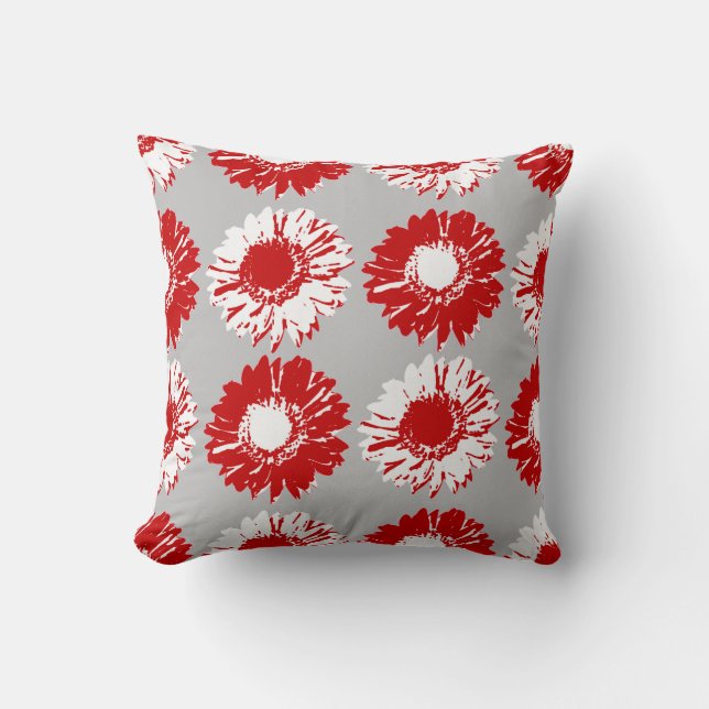Pop Art Daisies - Rood, wit en grijs Kussen (Voorkant)