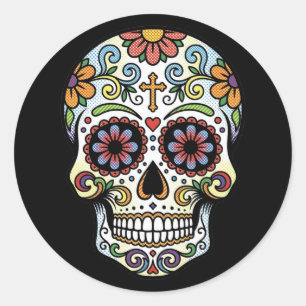 Pop Art Dia de los Muertos Suiker Schedel Strip Ronde Sticker
