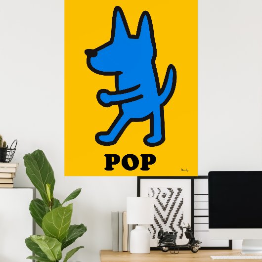 Pop Art Dog Poster – Blauw Silhouet op Geel (Thuiskantoor)