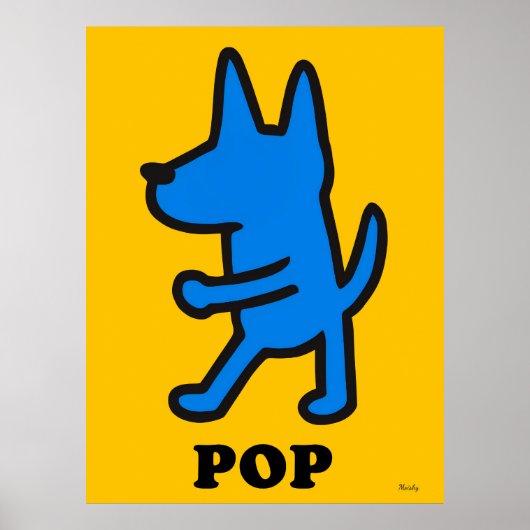 Pop Art Dog Poster – Blauw Silhouet op Geel (Voorkant)
