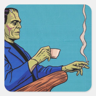 Pop Art Frankenstein Monster Drinkt Thee Halftone Vierkante Sticker