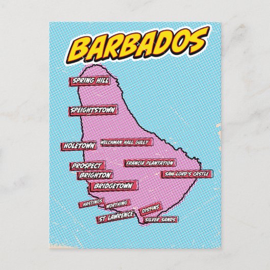Pop Art geïllustreerde kaart van Barbados (Voorkant)