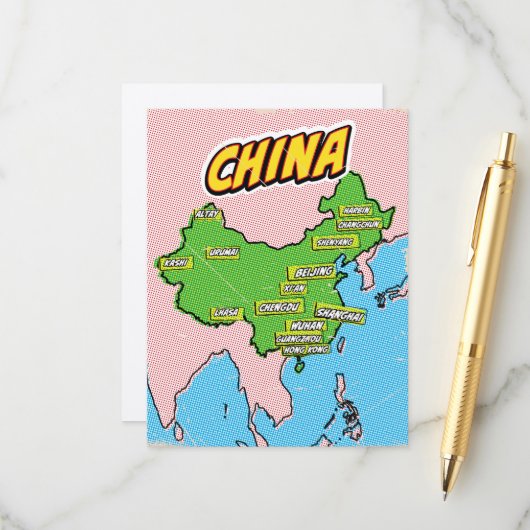 Pop Art geïllustreerde kaart van China (Voorkant / Achterkant in situ)