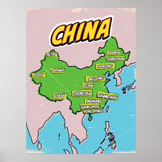 Pop Art geïllustreerde kaart van China Poster (Voorkant)