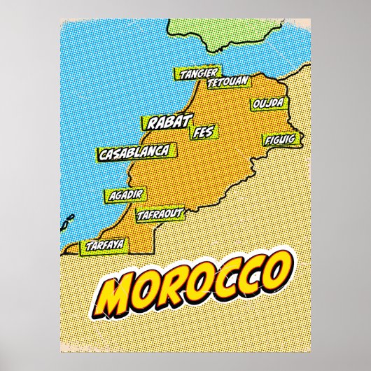 Pop Art geïllustreerde Marokko kaart Poster (Voorkant)