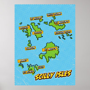 Pop Art geïllustreerde Scilly Isles kaart Poster