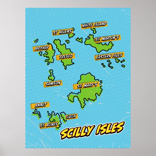 Pop Art geïllustreerde Scilly Isles kaart Poster (Voorkant)