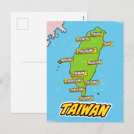 Pop Art geïllustreerde Taiwan kaart (Voorkant / Achterkant)