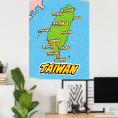 Pop Art geïllustreerde Taiwan kaart Poster (Thuiskantoor)