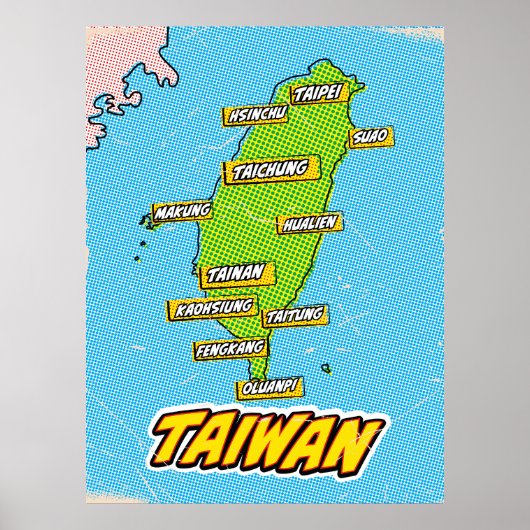 Pop Art geïllustreerde Taiwan kaart Poster (Voorkant)