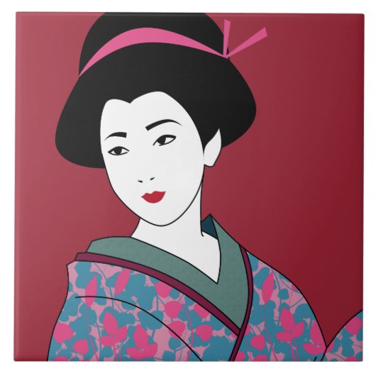 Pop Art Geisha in Bloemen Kimono Custom Tegeltje (Voorkant)