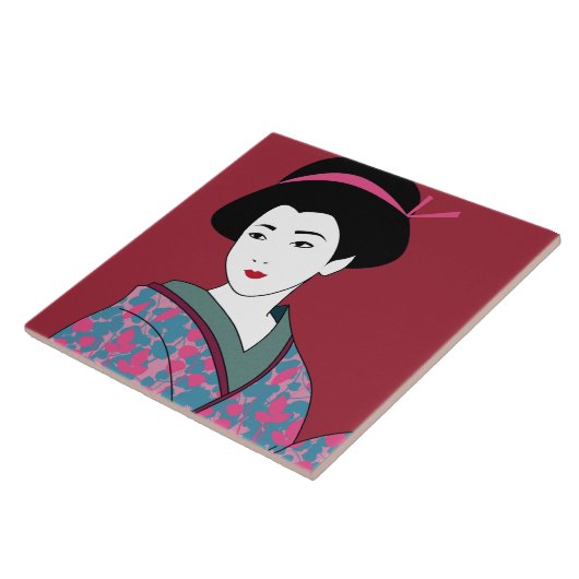 Pop Art Geisha in Bloemen Kimono Custom Tegeltje (Zijkant)