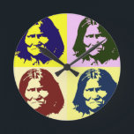 Pop Art Geronimo Ronde Klok<br><div class="desc">Pop Art Style Iconic Historical People Afbeeldingen - Freedom Warrior Indian Tribe Chief Geronimo Art</div>