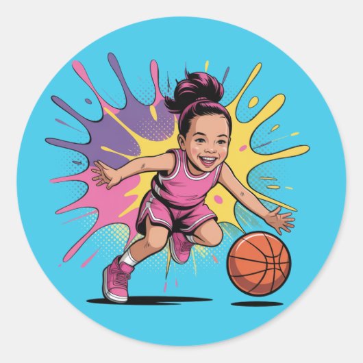Pop Art Girl Basketbal Verjaardag Bash Ronde Sticker (Voorkant)