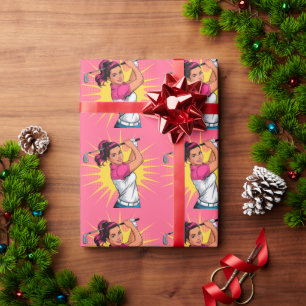 Pop Art Girl Golfer verjaardagsfeestje Cadeaupapier