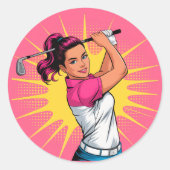 Pop Art Girl Golfer verjaardagsfeestje Ronde Sticker (Voorkant)