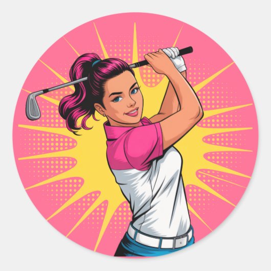 Pop Art Girl Golfer verjaardagsfeestje Ronde Sticker (Voorkant)